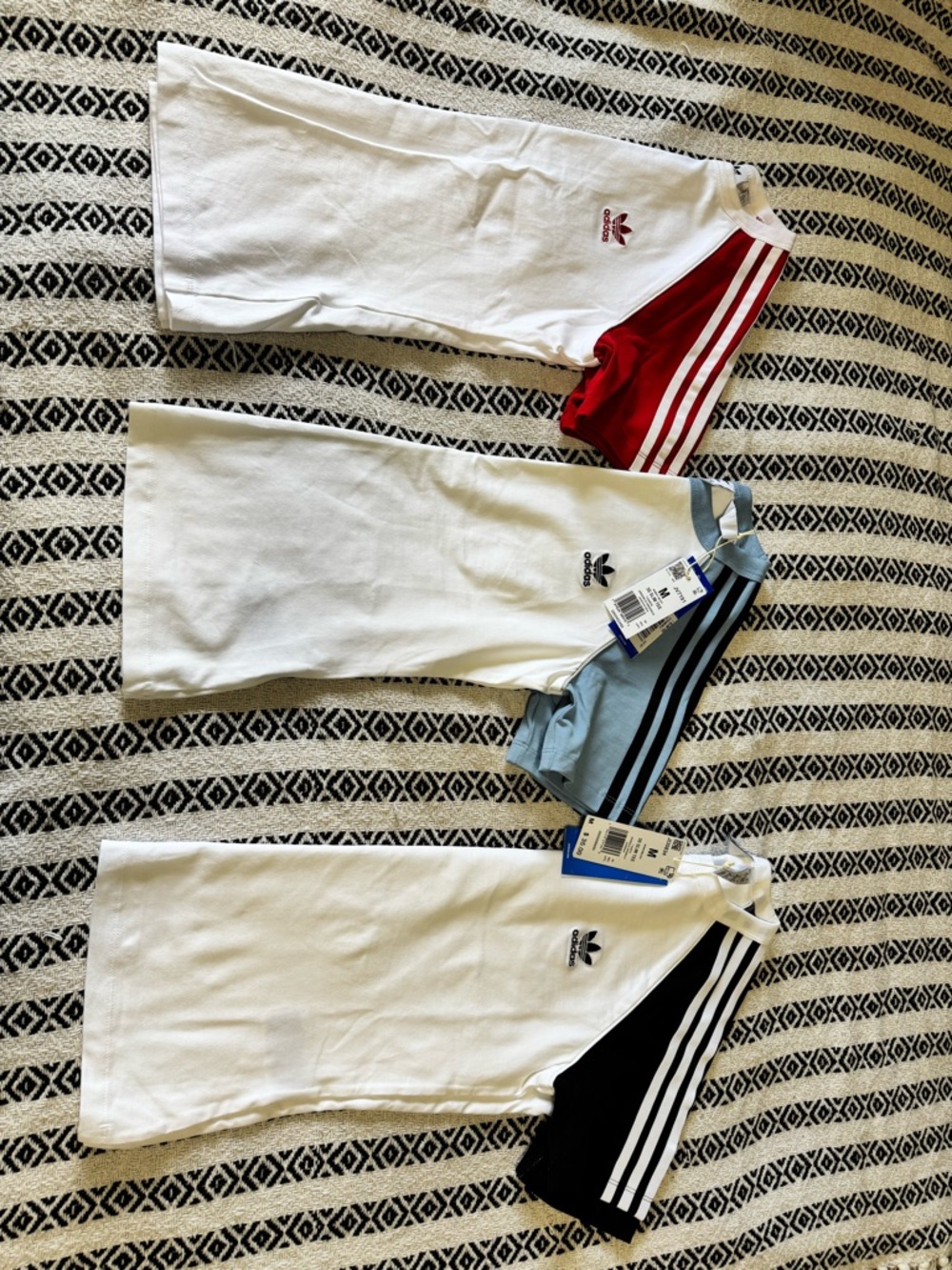 Set of 3 adidas White Raglan Tops with Red, Ash Blue, and Black Shoulder Panels